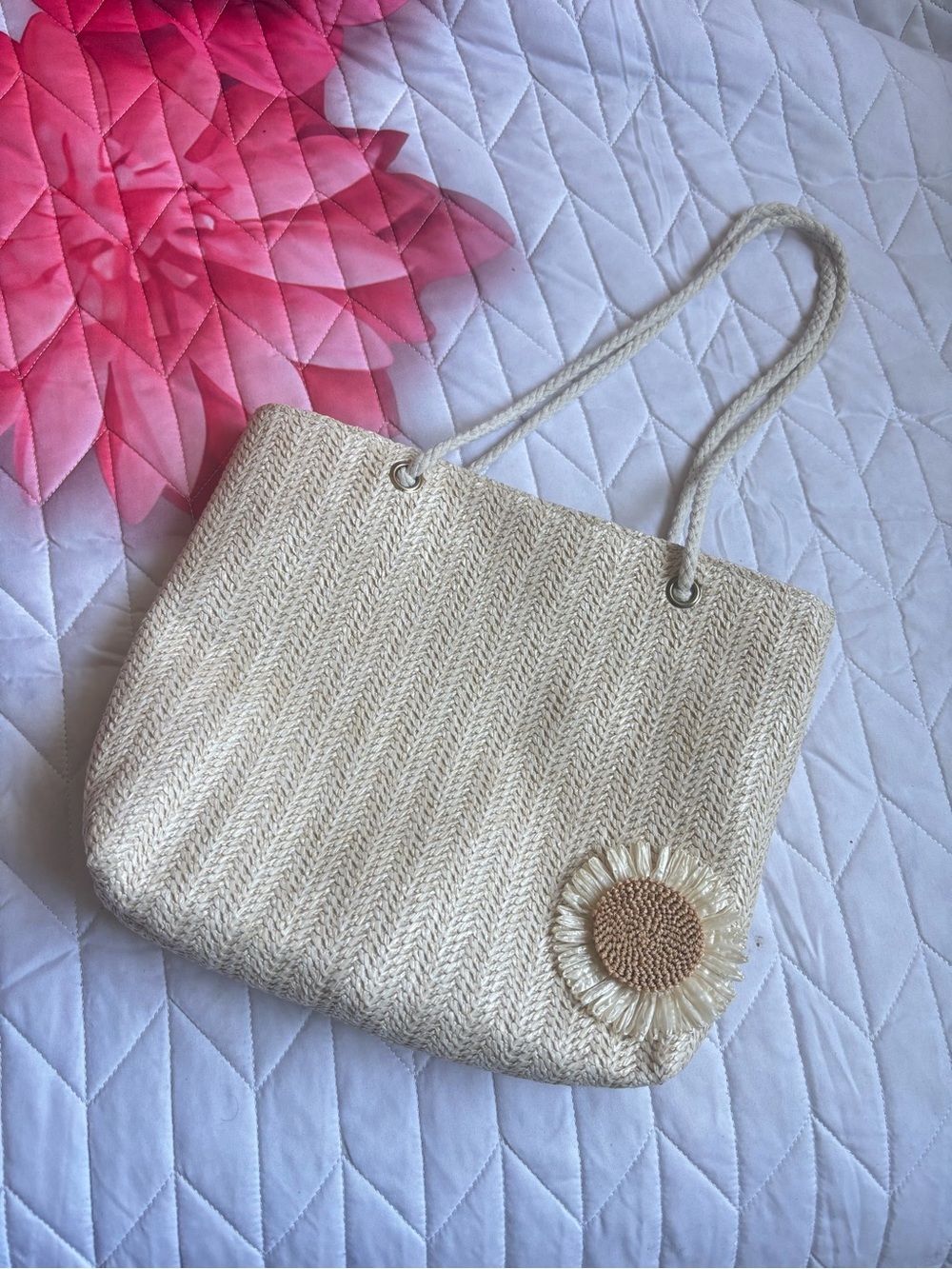 Cream Straw Tote Bag with Sunflower Accent